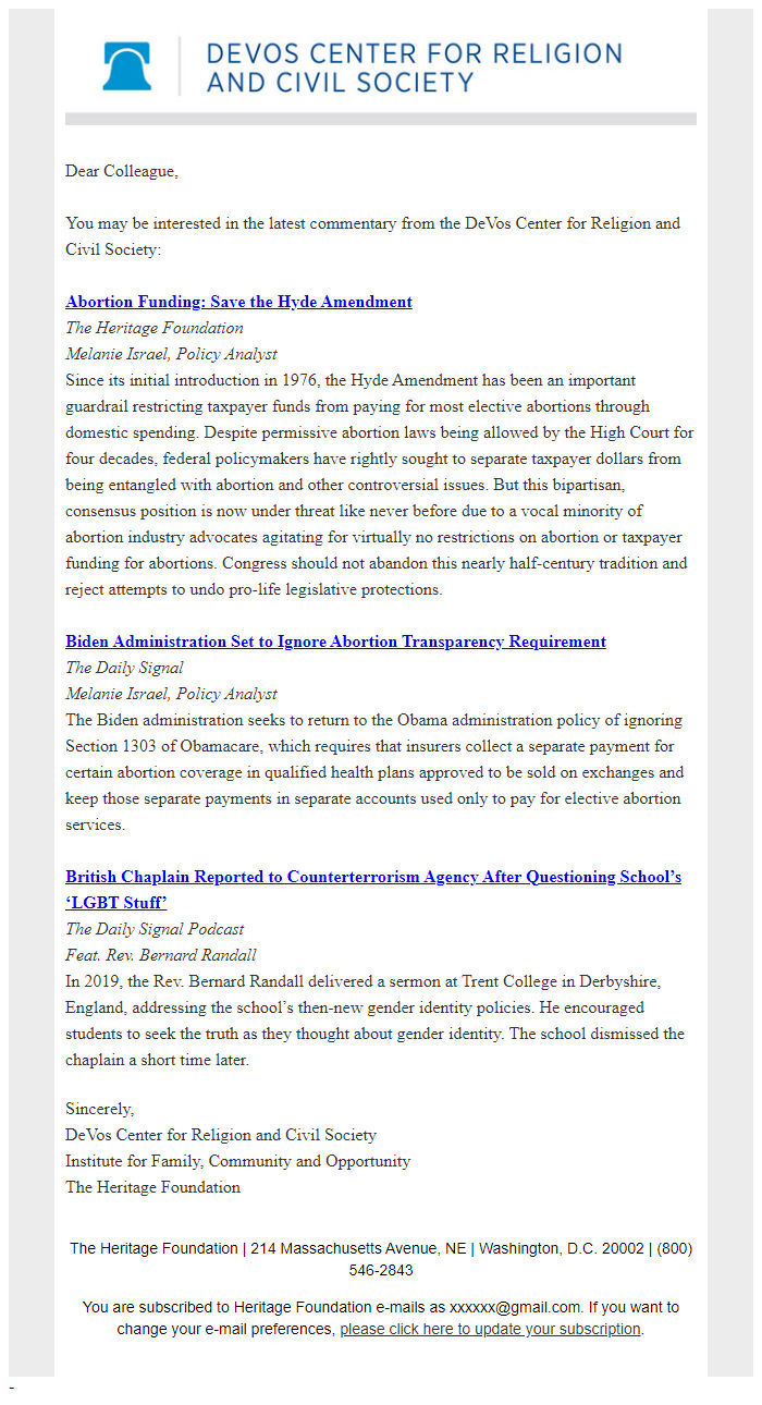 Screenshot of the email generated on import