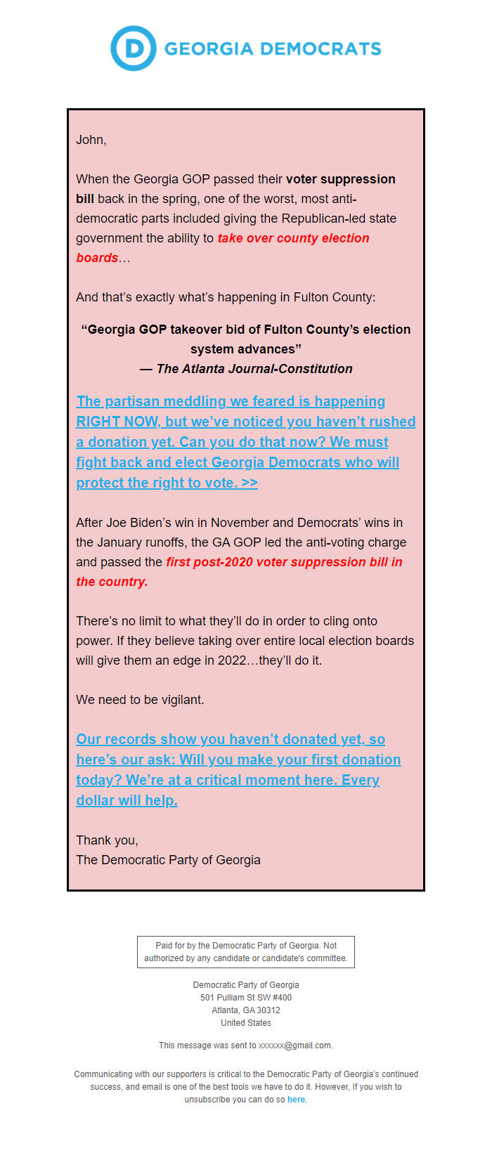 Screenshot of the email generated on import