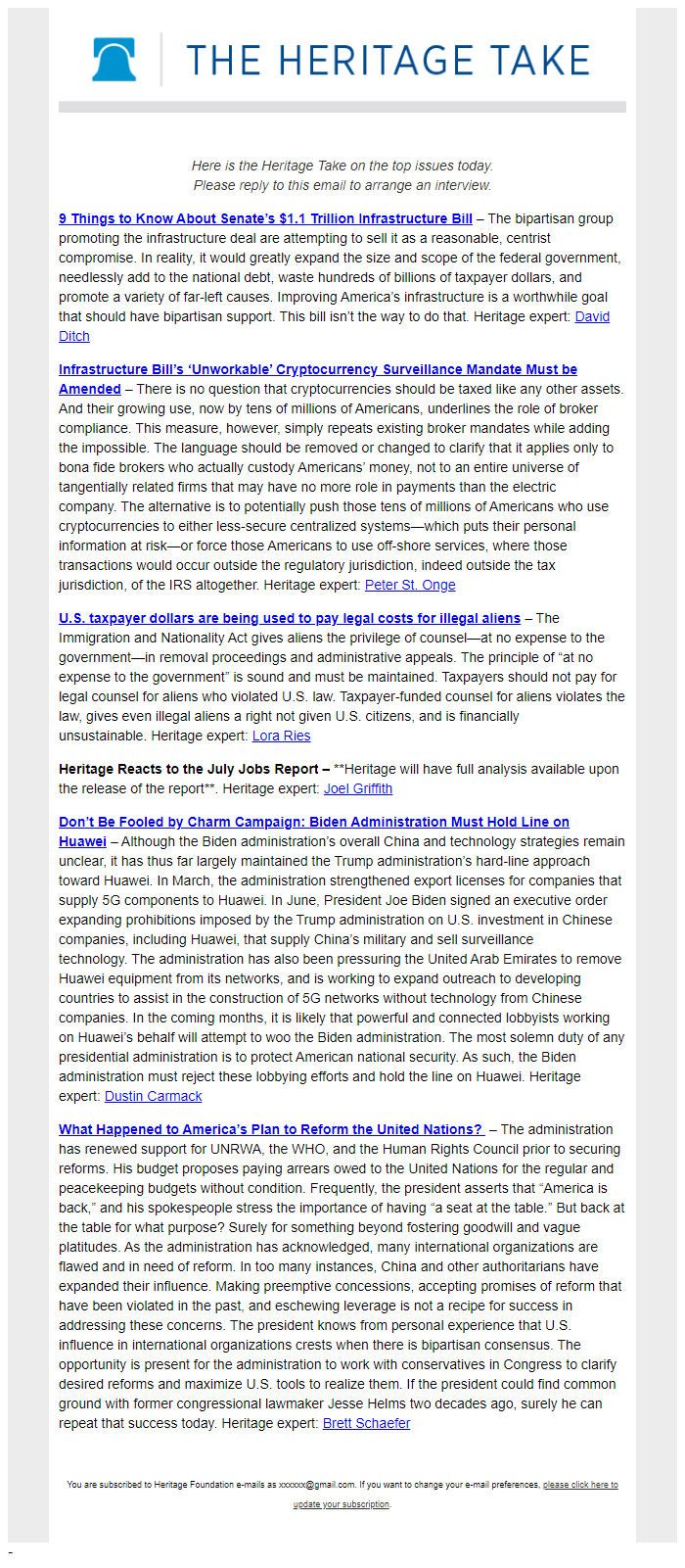 Screenshot of the email generated on import
