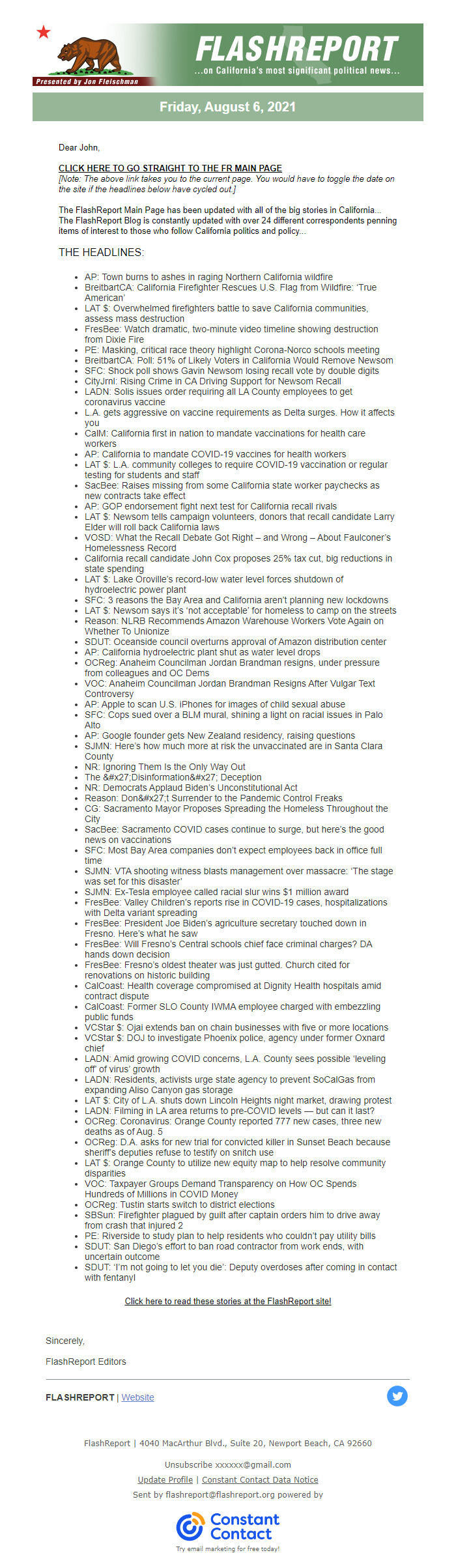 Screenshot of the email generated on import