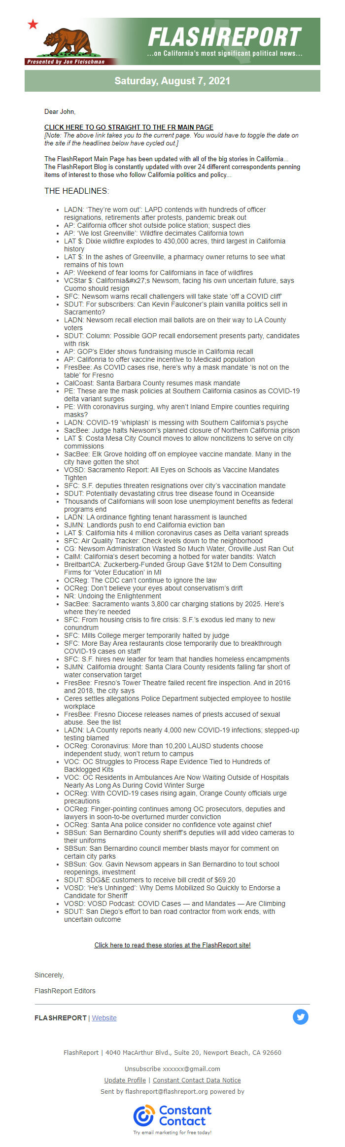 Screenshot of the email generated on import