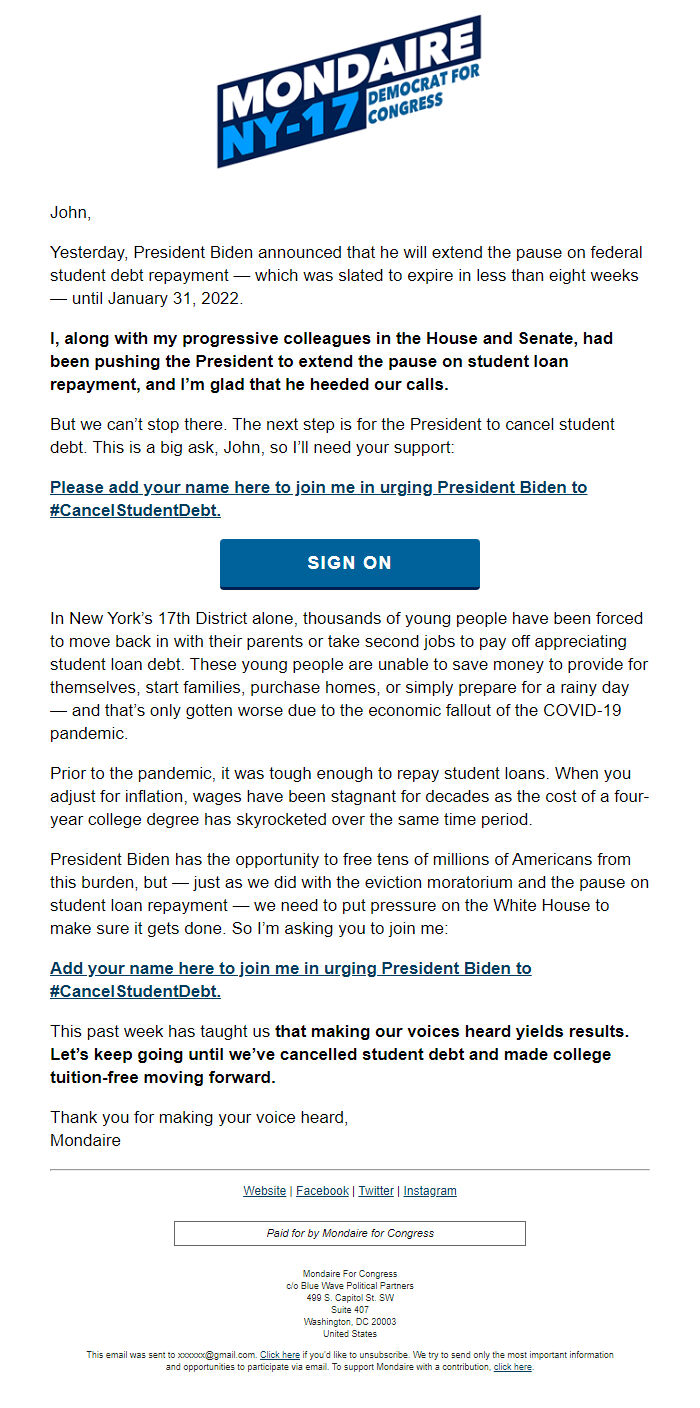 Screenshot of the email generated on import