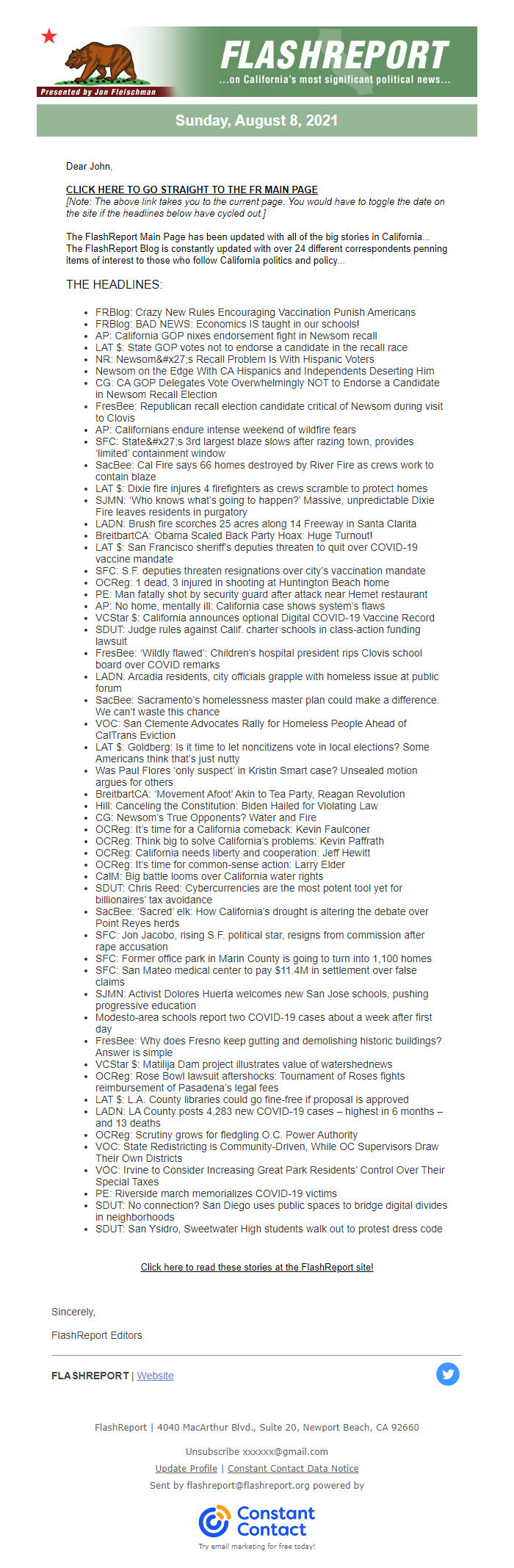 Screenshot of the email generated on import