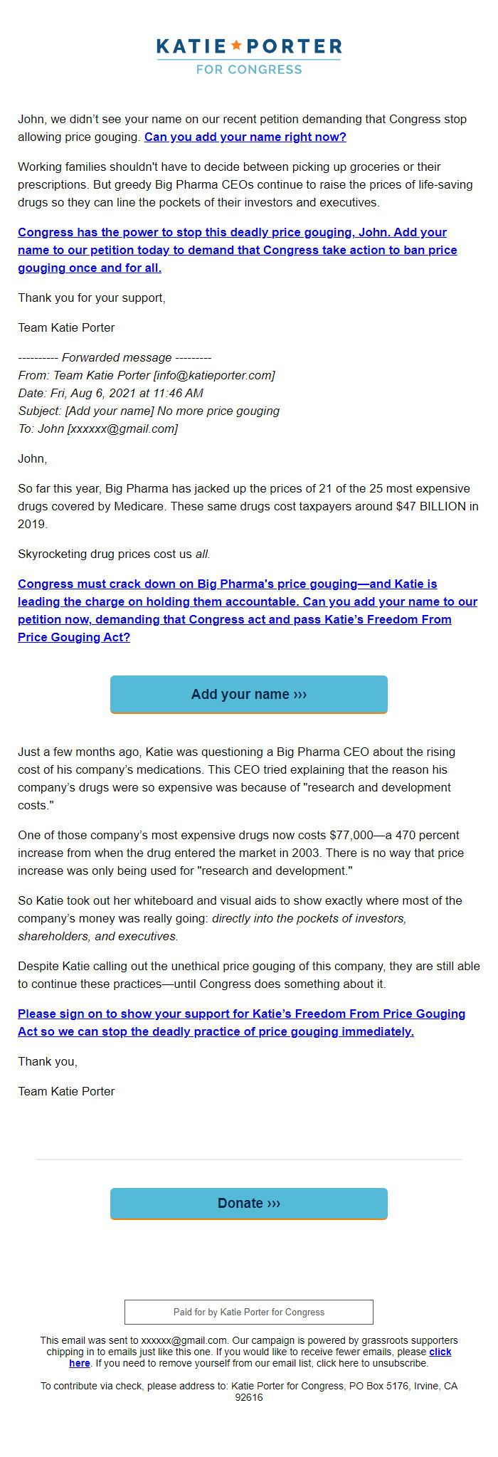 Screenshot of the email generated on import