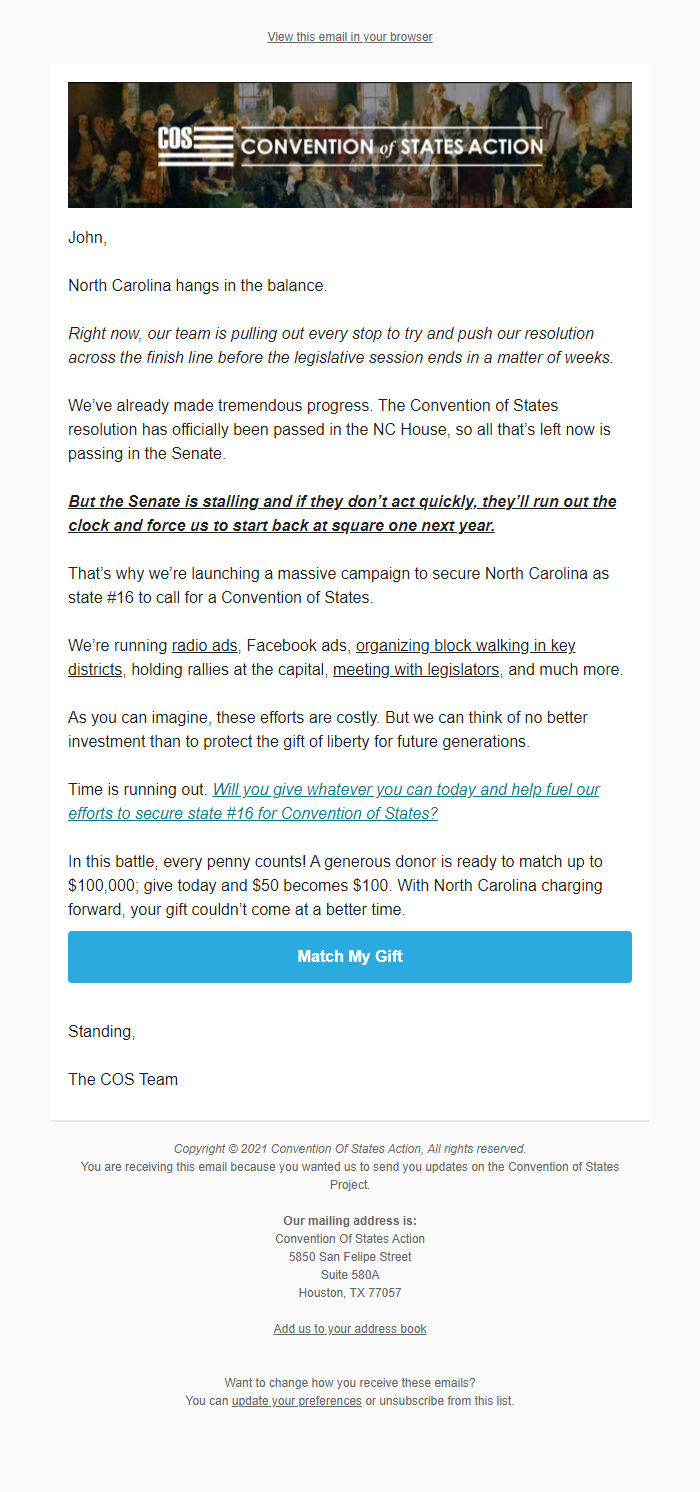 Screenshot of the email generated on import