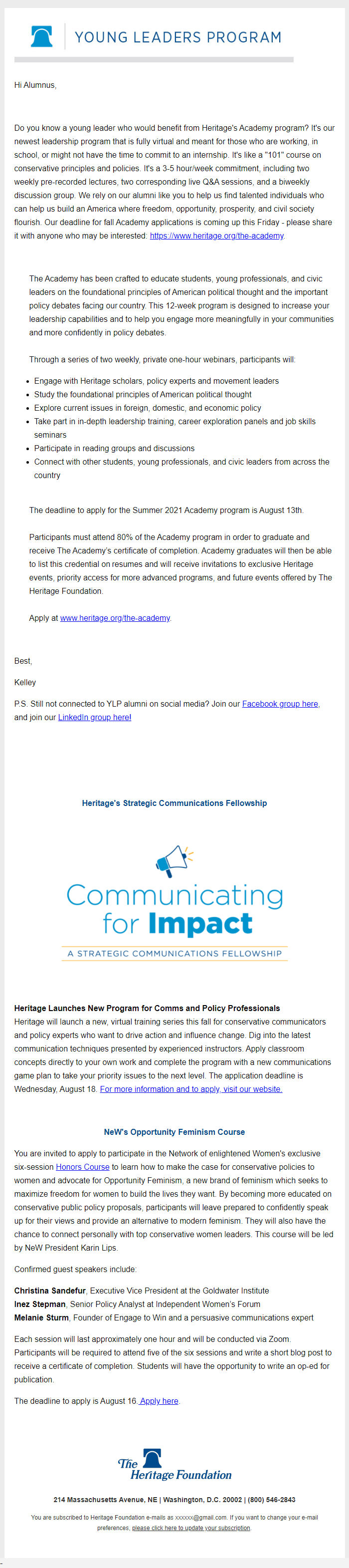 Screenshot of the email generated on import