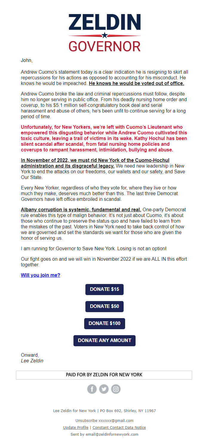 Screenshot of the email generated on import