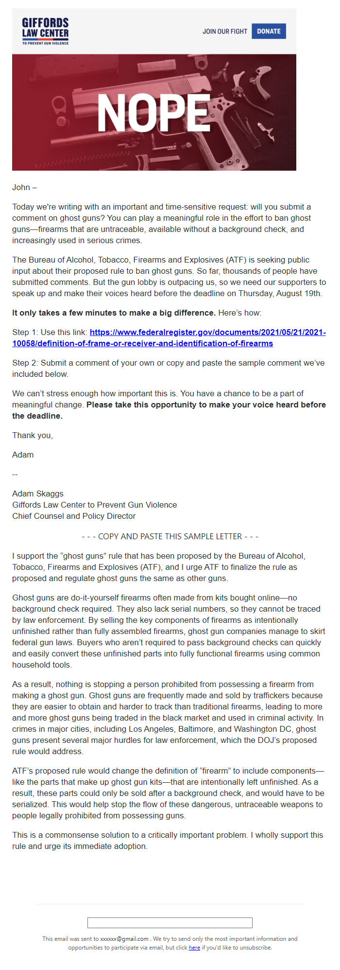 Screenshot of the email generated on import