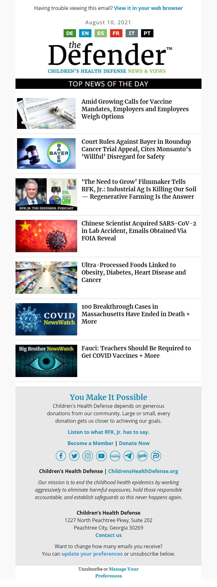 Screenshot of the email generated on import