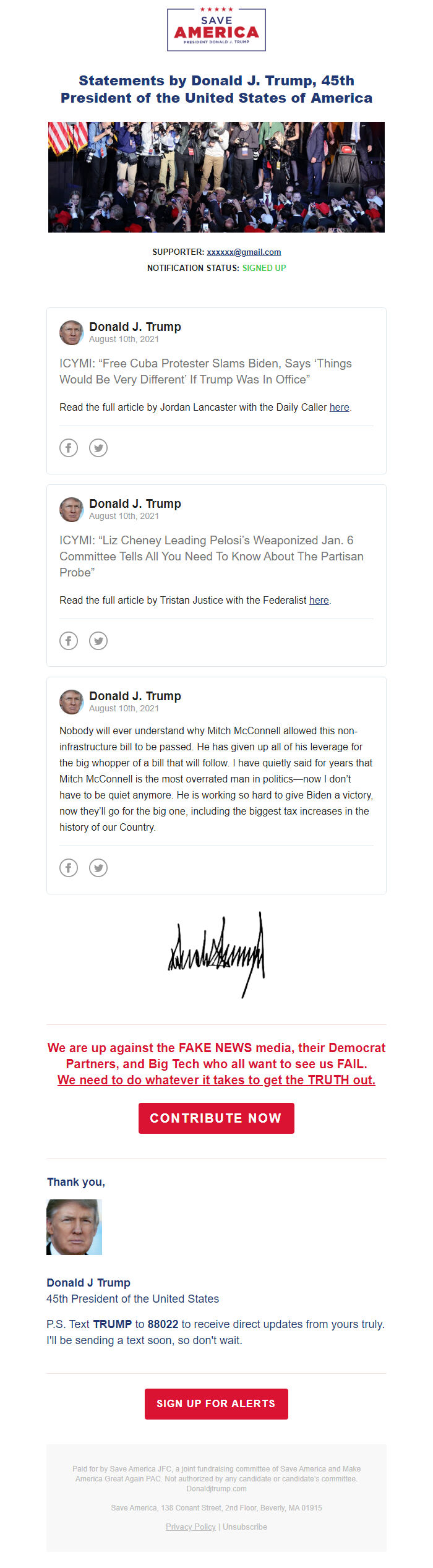 Screenshot of the email generated on import