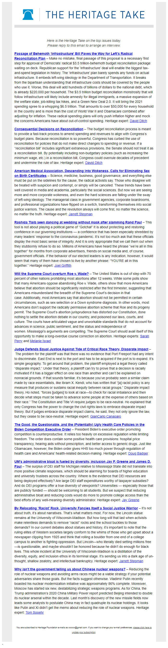 Screenshot of the email generated on import