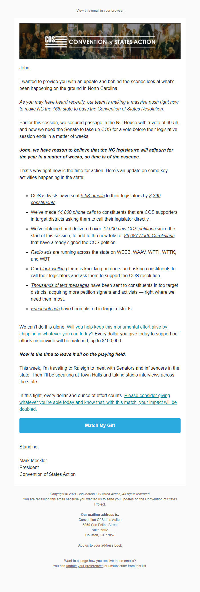 Screenshot of the email generated on import