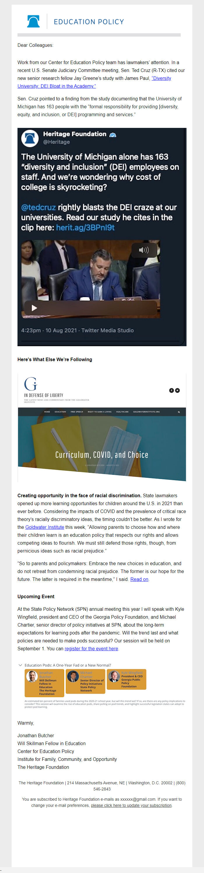 Screenshot of the email generated on import