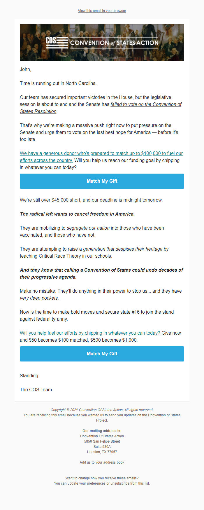 Screenshot of the email generated on import