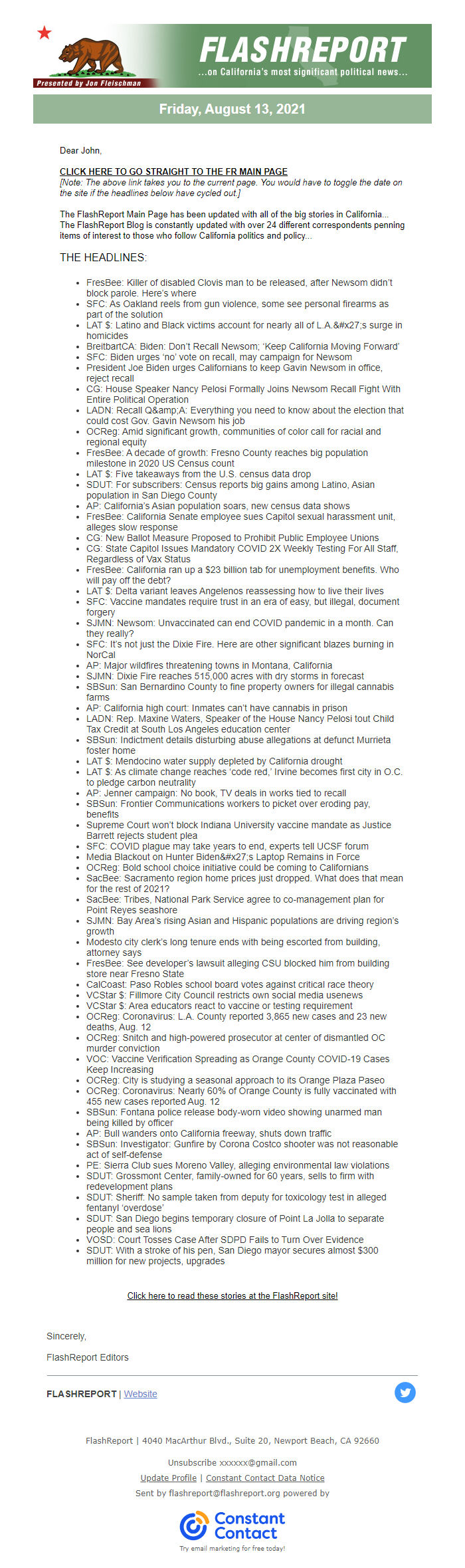 Screenshot of the email generated on import