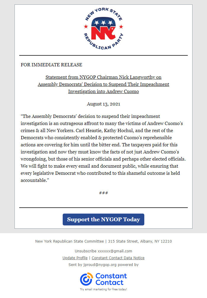 Screenshot of the email generated on import
