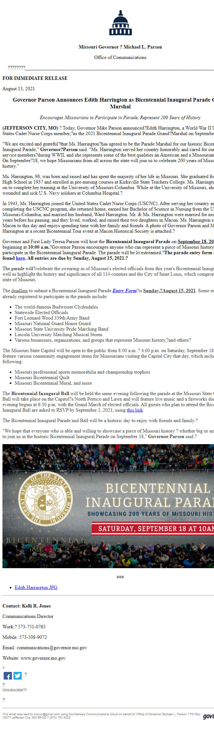 Screenshot of the email generated on import