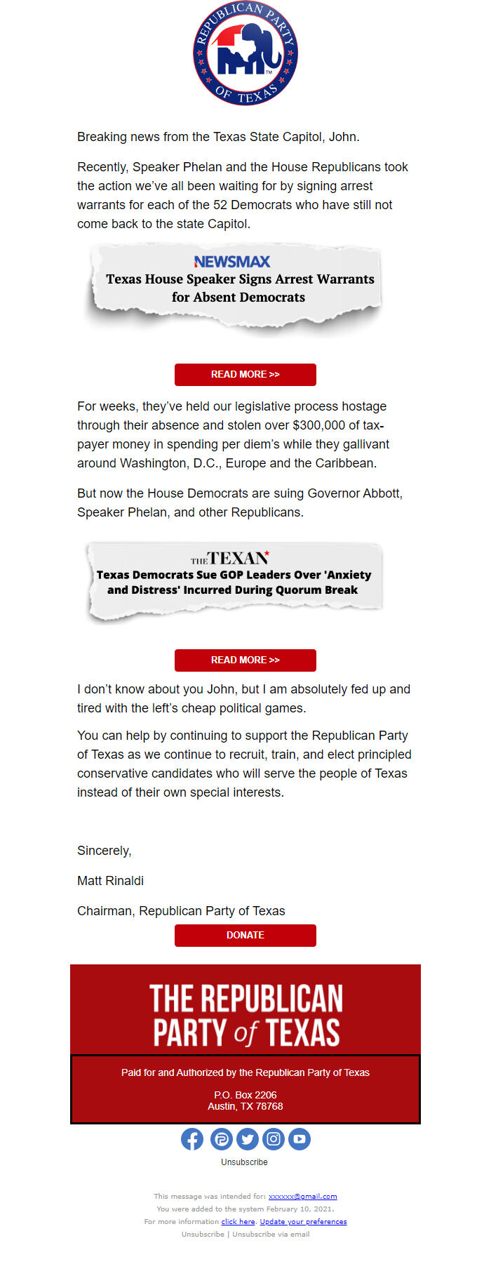 Screenshot of the email generated on import