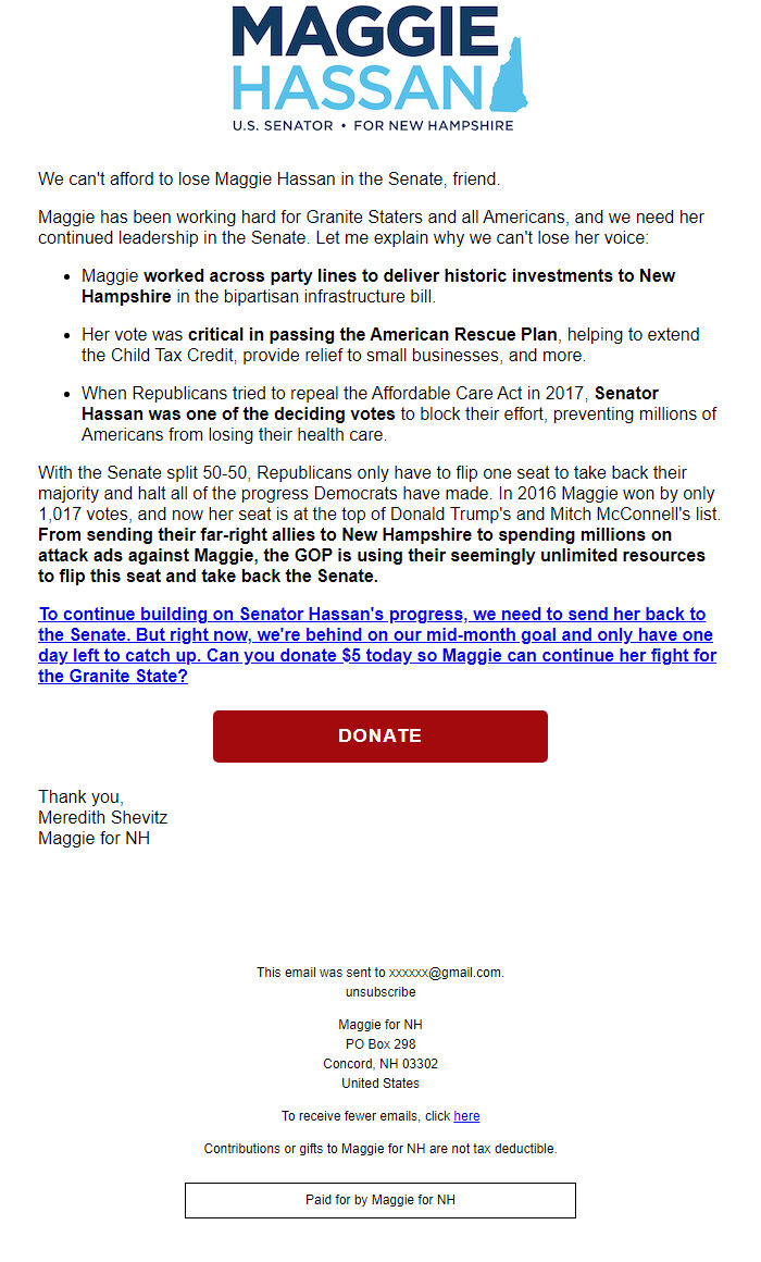 Screenshot of the email generated on import