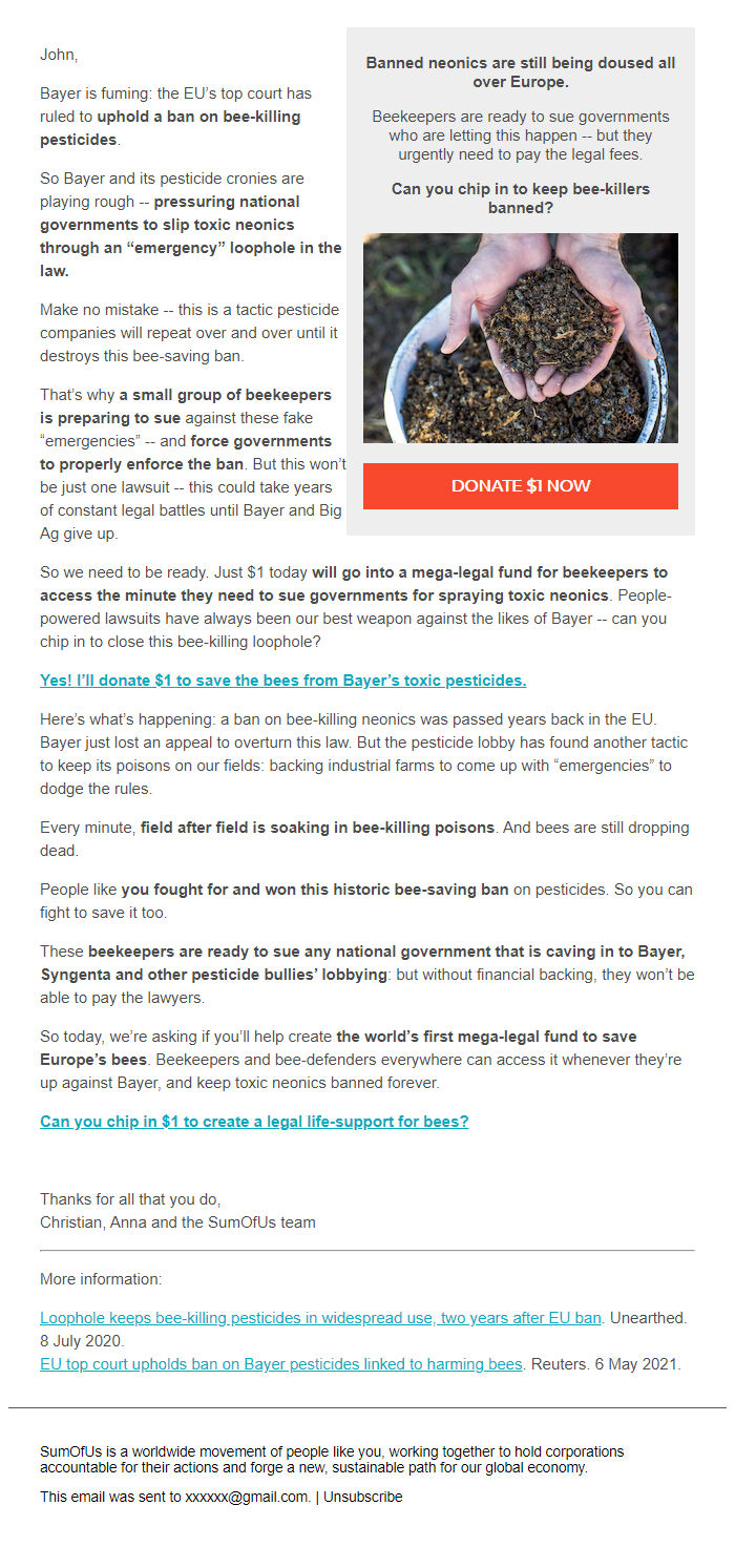 Screenshot of the email generated on import