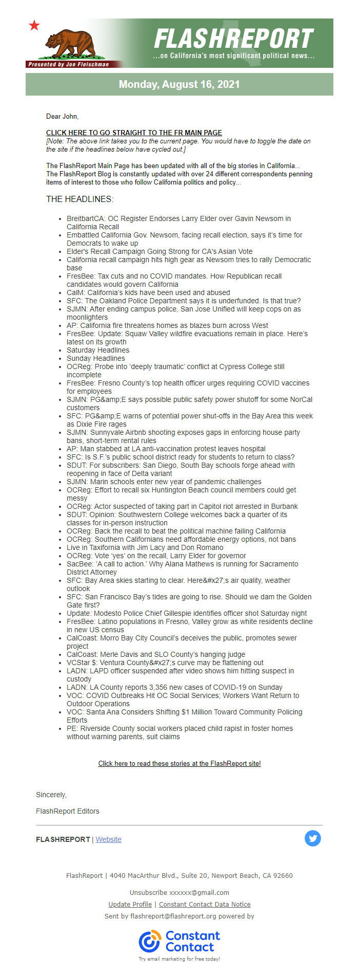 Screenshot of the email generated on import