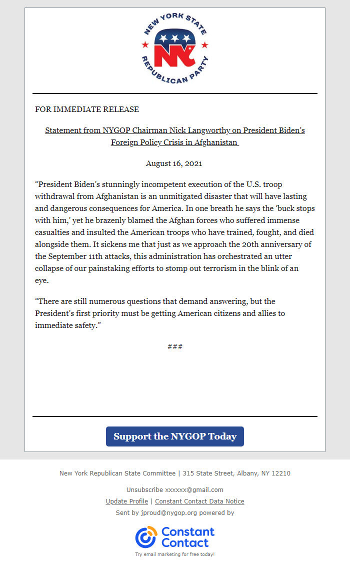 Screenshot of the email generated on import