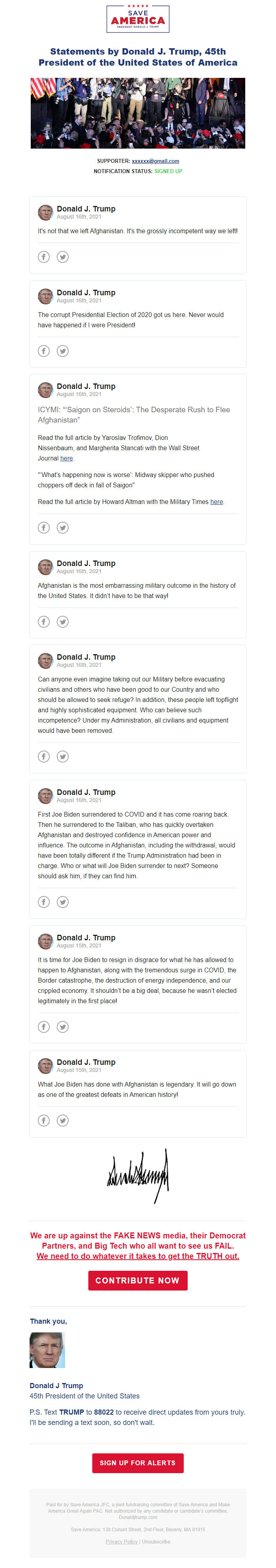 Screenshot of the email generated on import