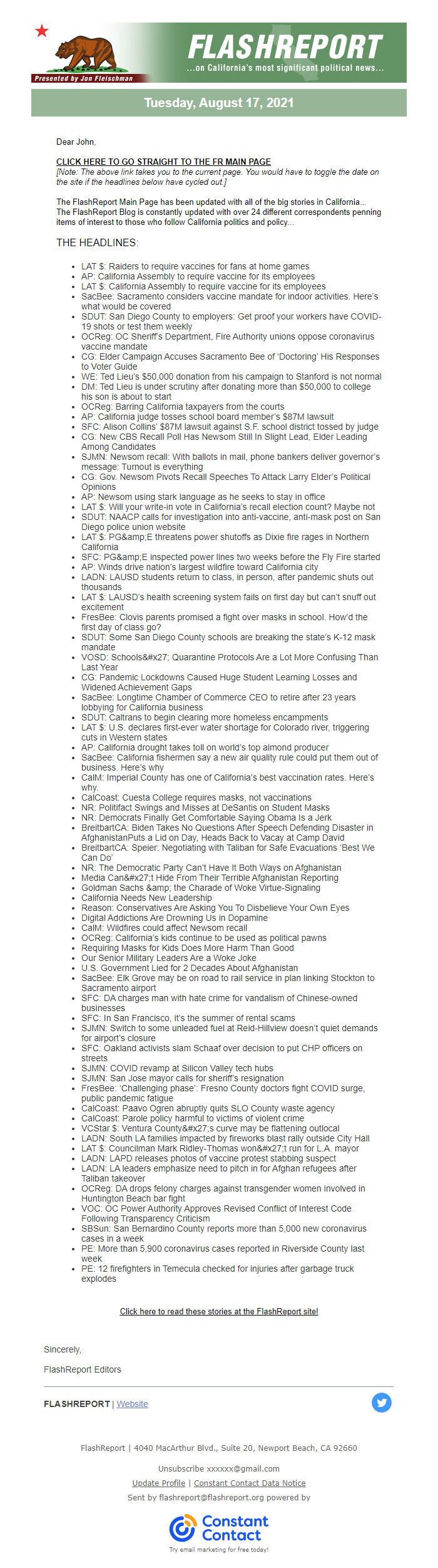 Screenshot of the email generated on import