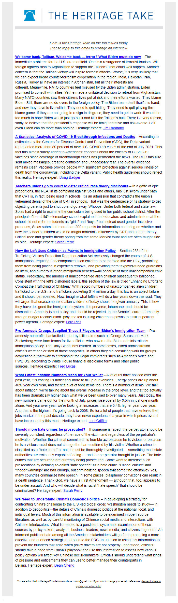 Screenshot of the email generated on import