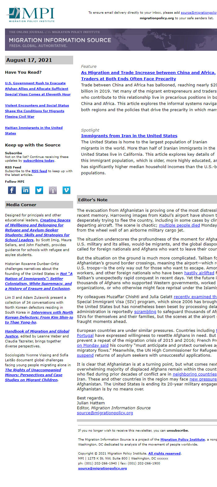 Screenshot of the email generated on import