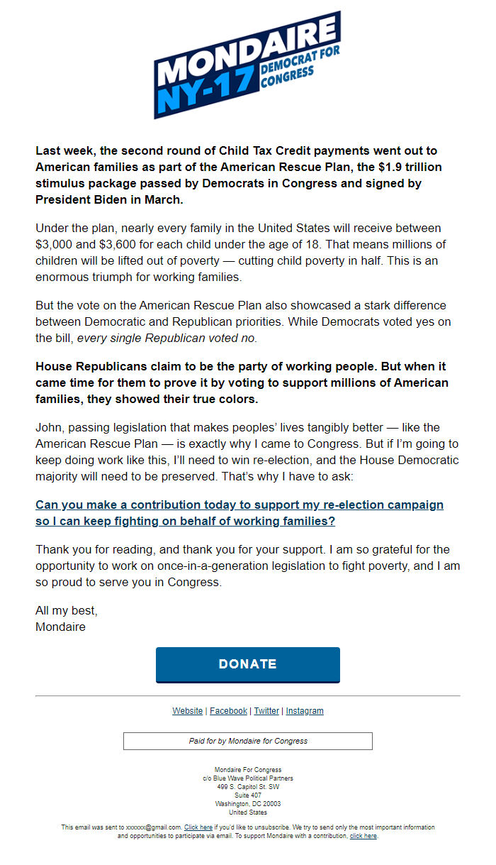 Screenshot of the email generated on import