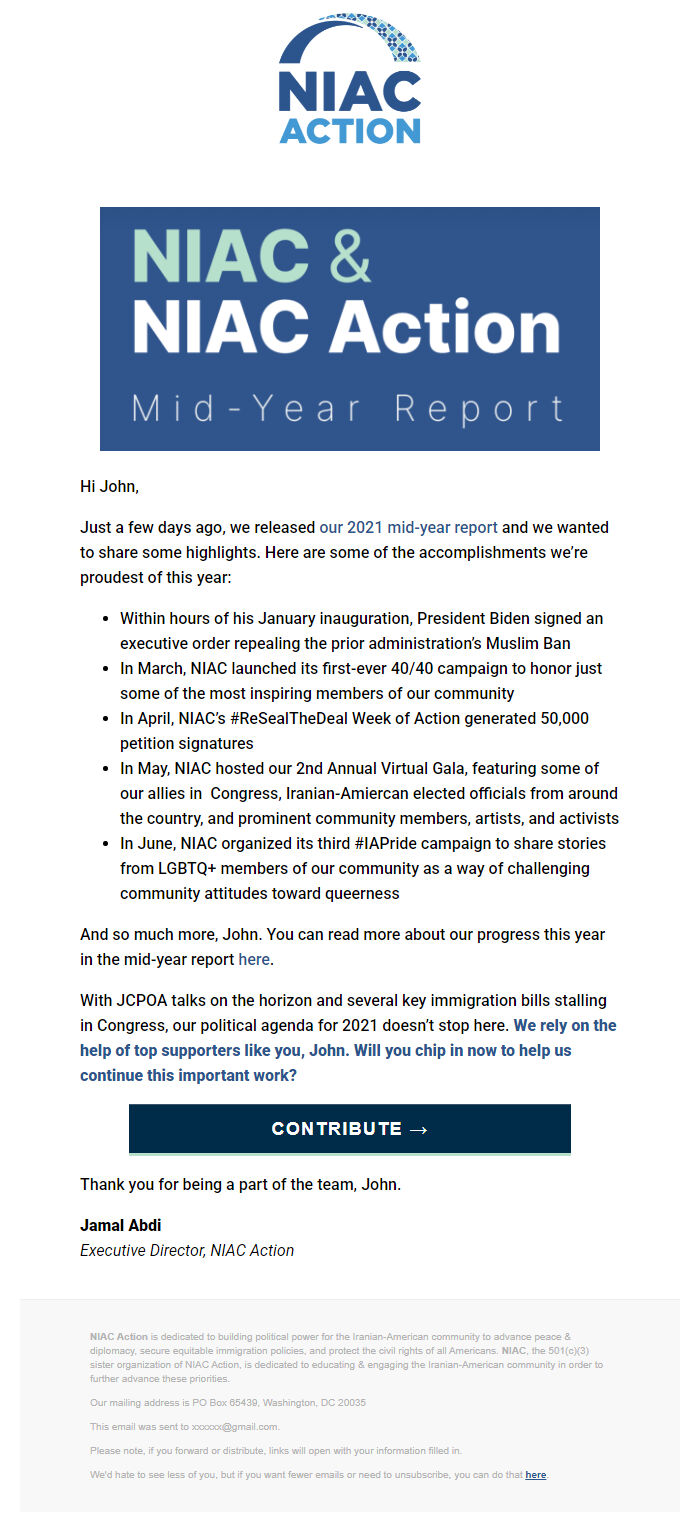 Screenshot of the email generated on import