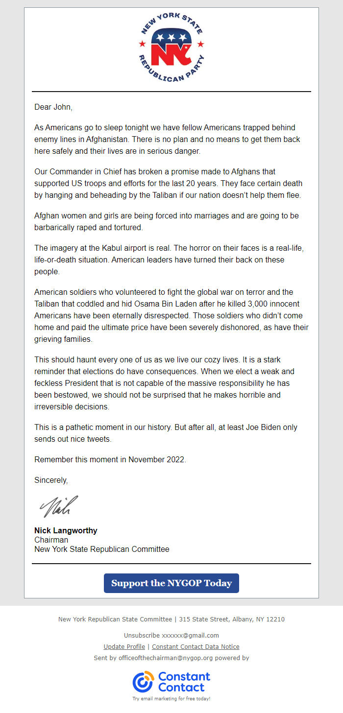 Screenshot of the email generated on import