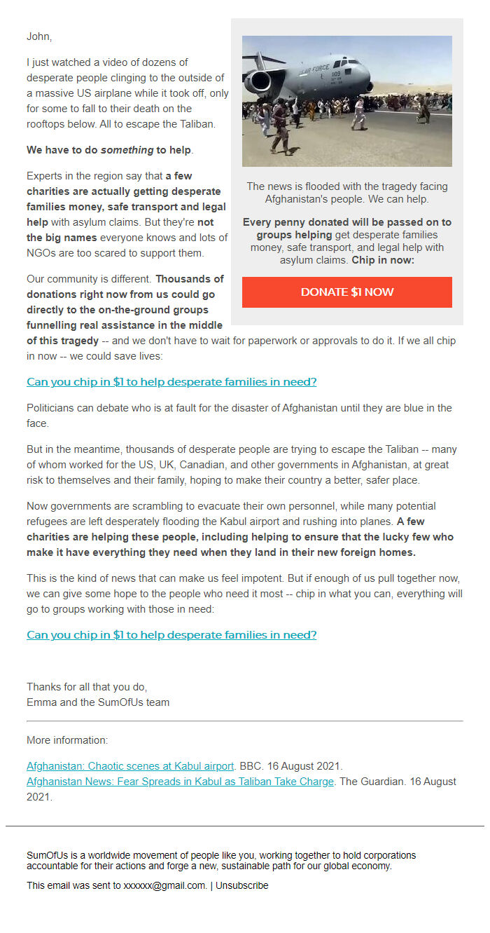 Screenshot of the email generated on import