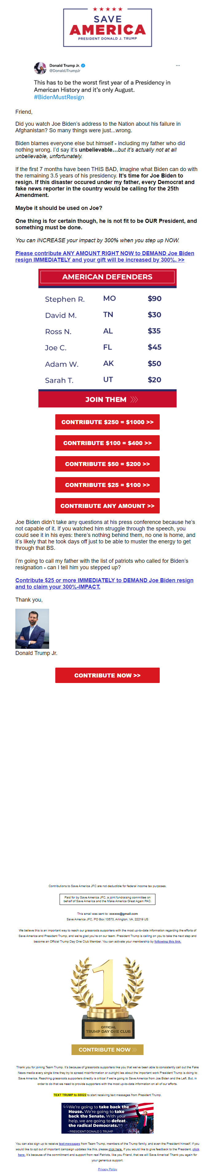 Screenshot of the email generated on import