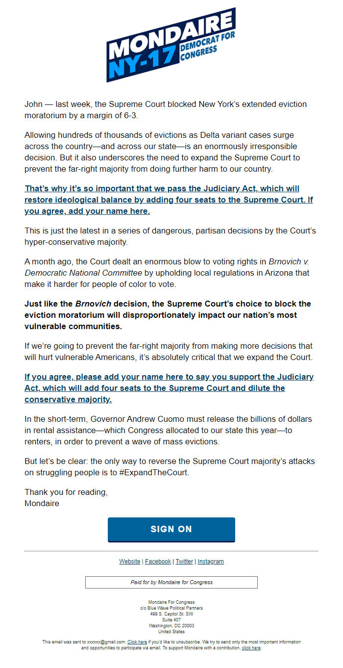 Screenshot of the email generated on import