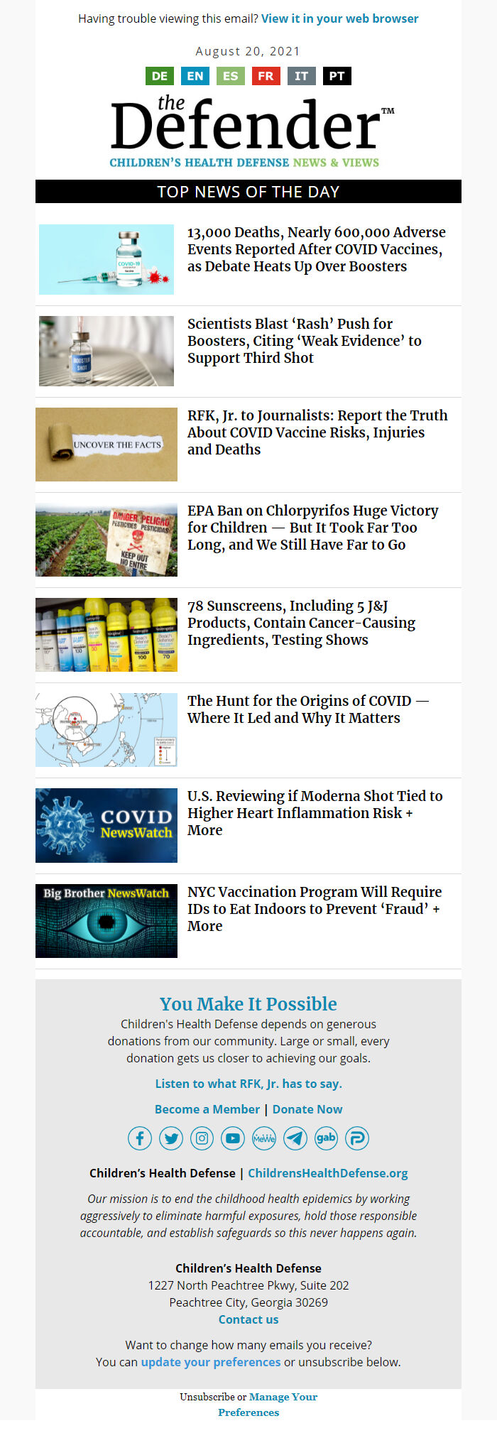 Screenshot of the email generated on import