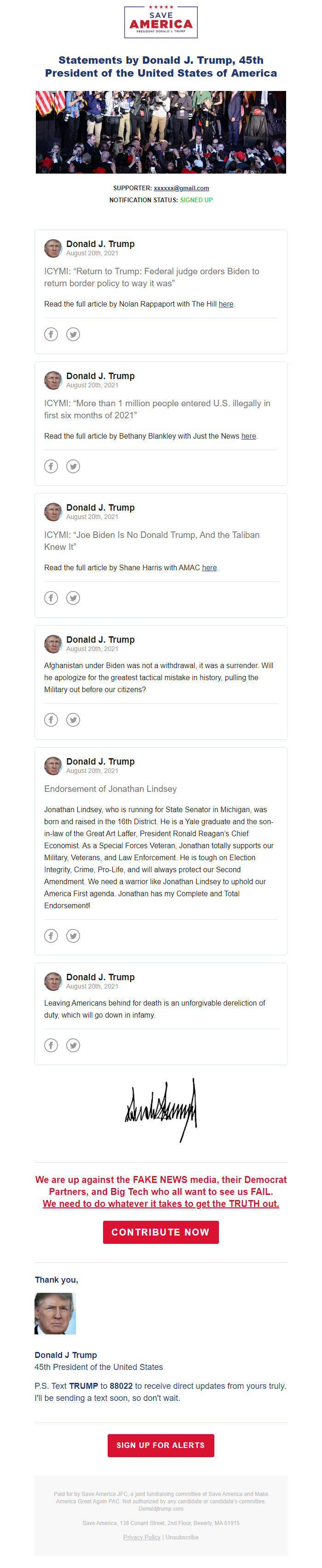 Screenshot of the email generated on import