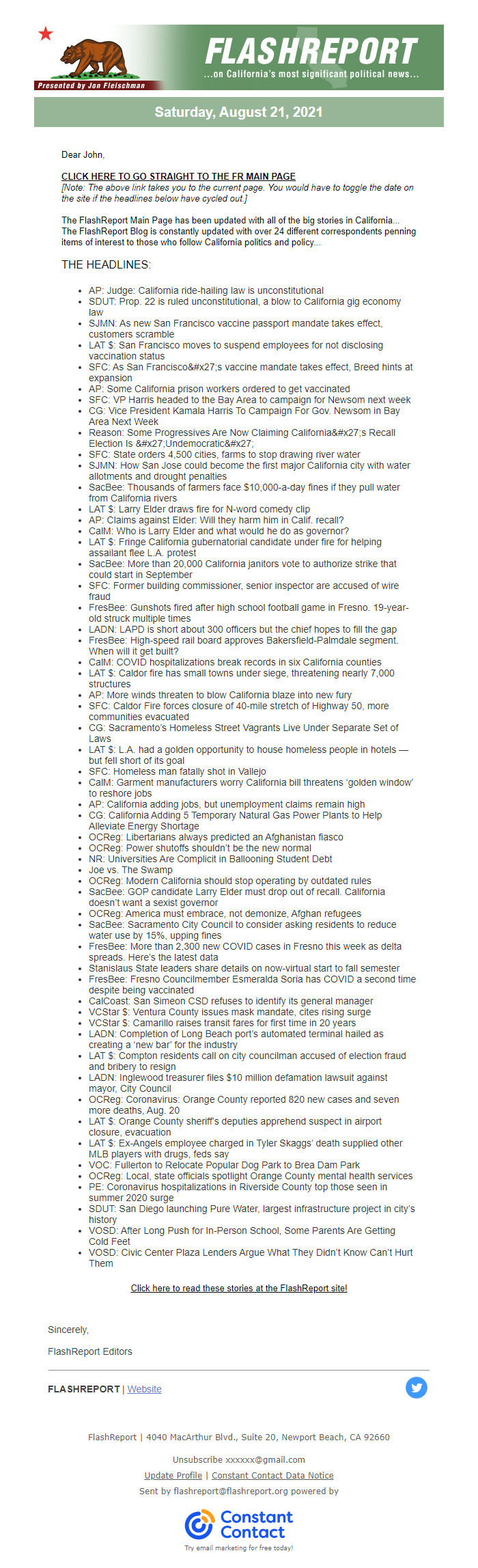 Screenshot of the email generated on import