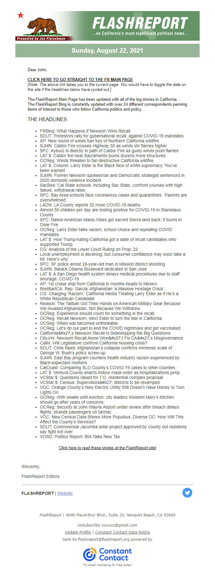 Screenshot of the email generated on import