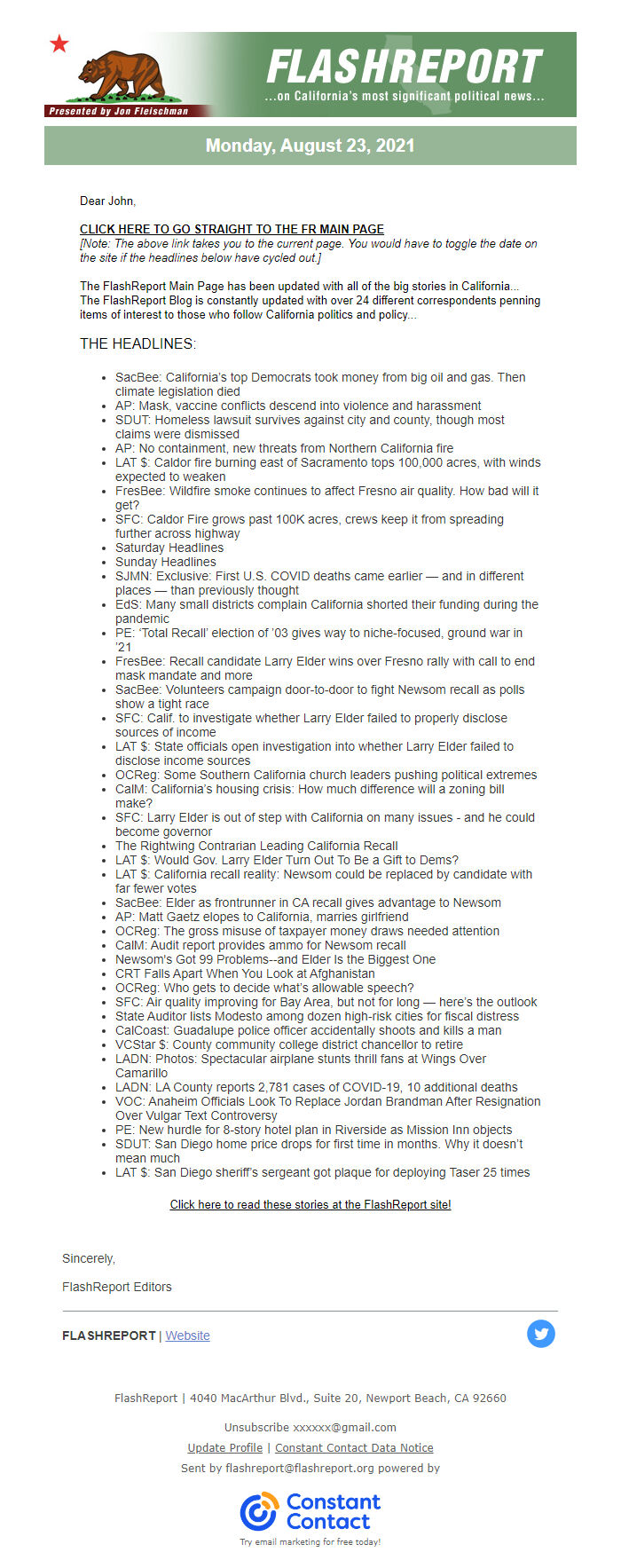 Screenshot of the email generated on import
