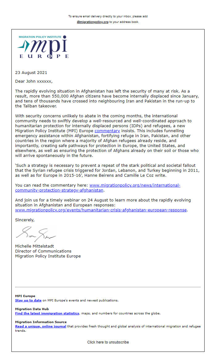 Screenshot of the email generated on import