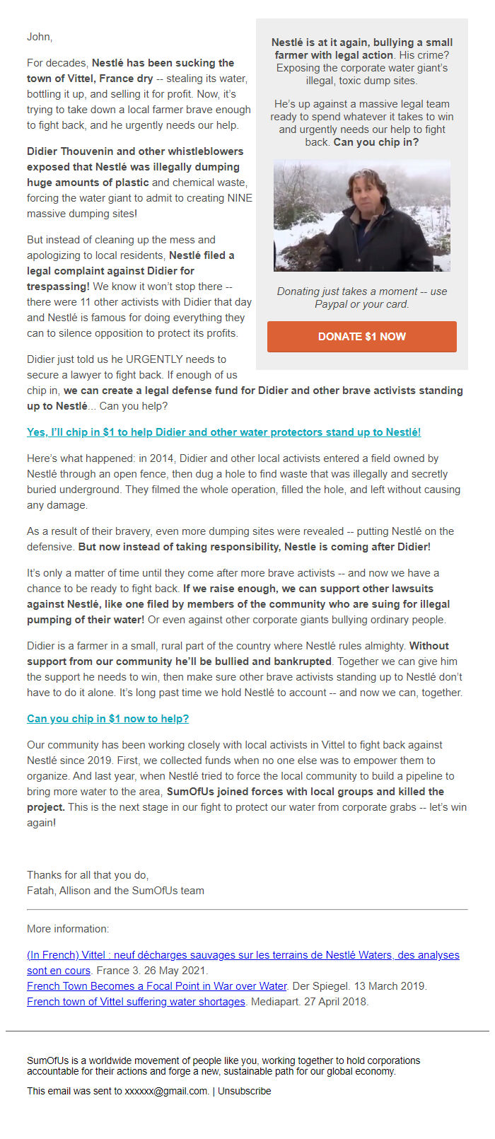Screenshot of the email generated on import