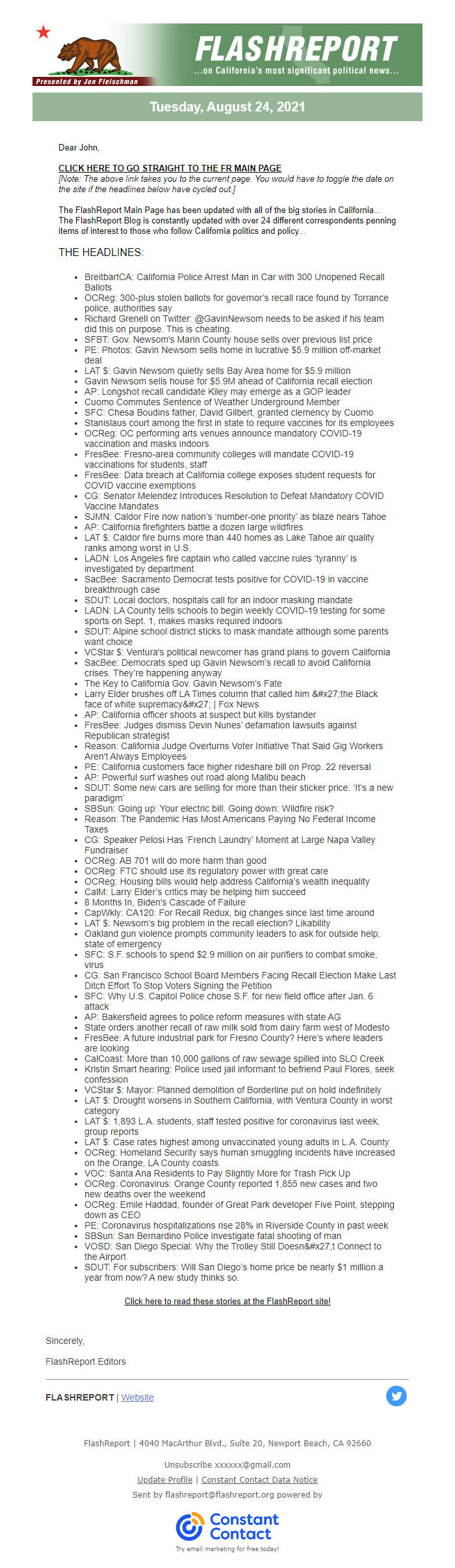 Screenshot of the email generated on import