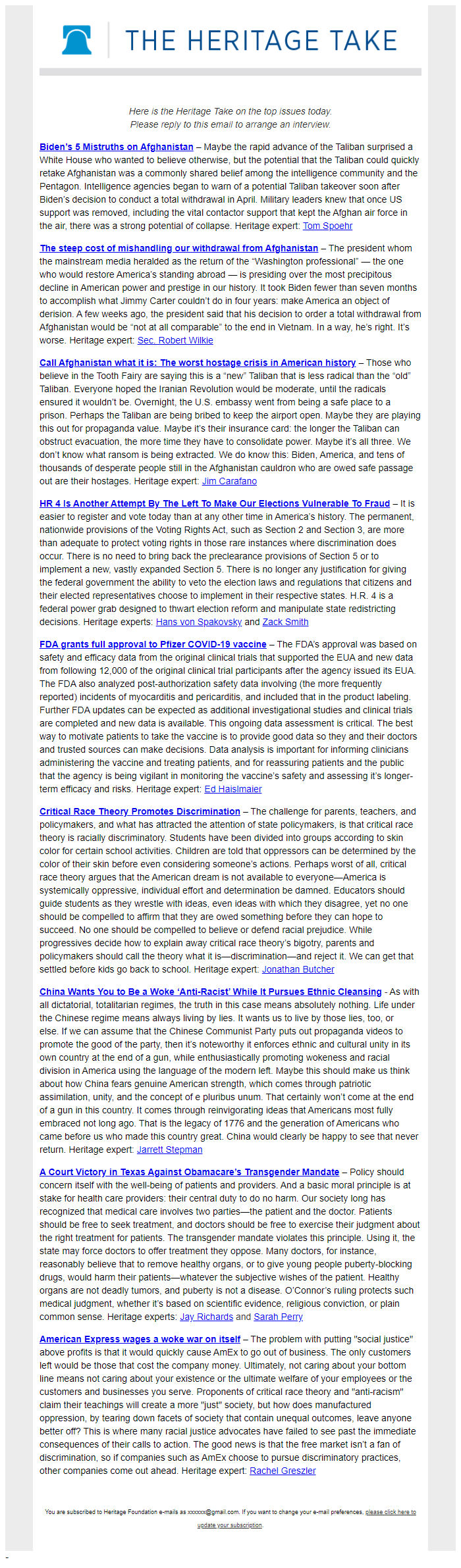 Screenshot of the email generated on import
