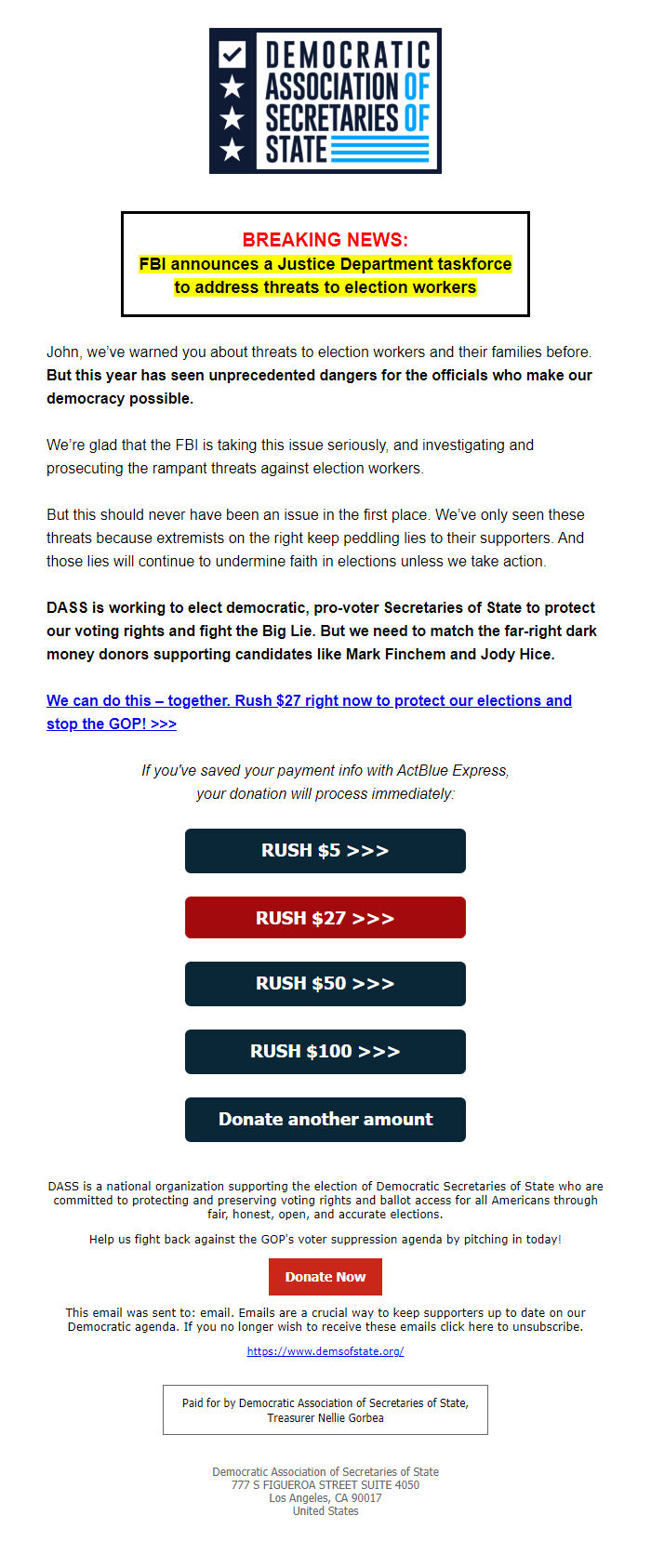 Screenshot of the email generated on import