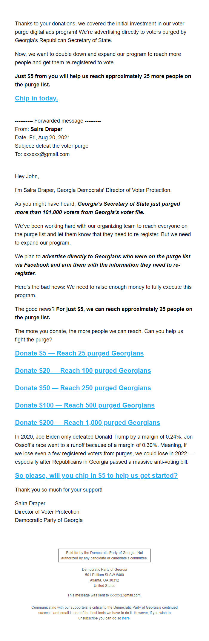Screenshot of the email generated on import