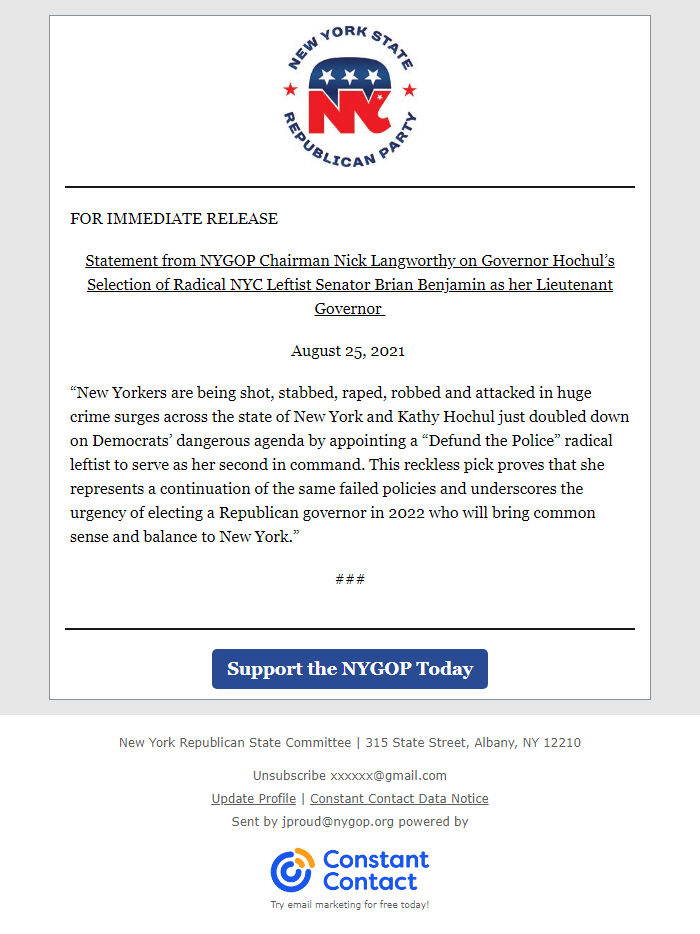 Screenshot of the email generated on import