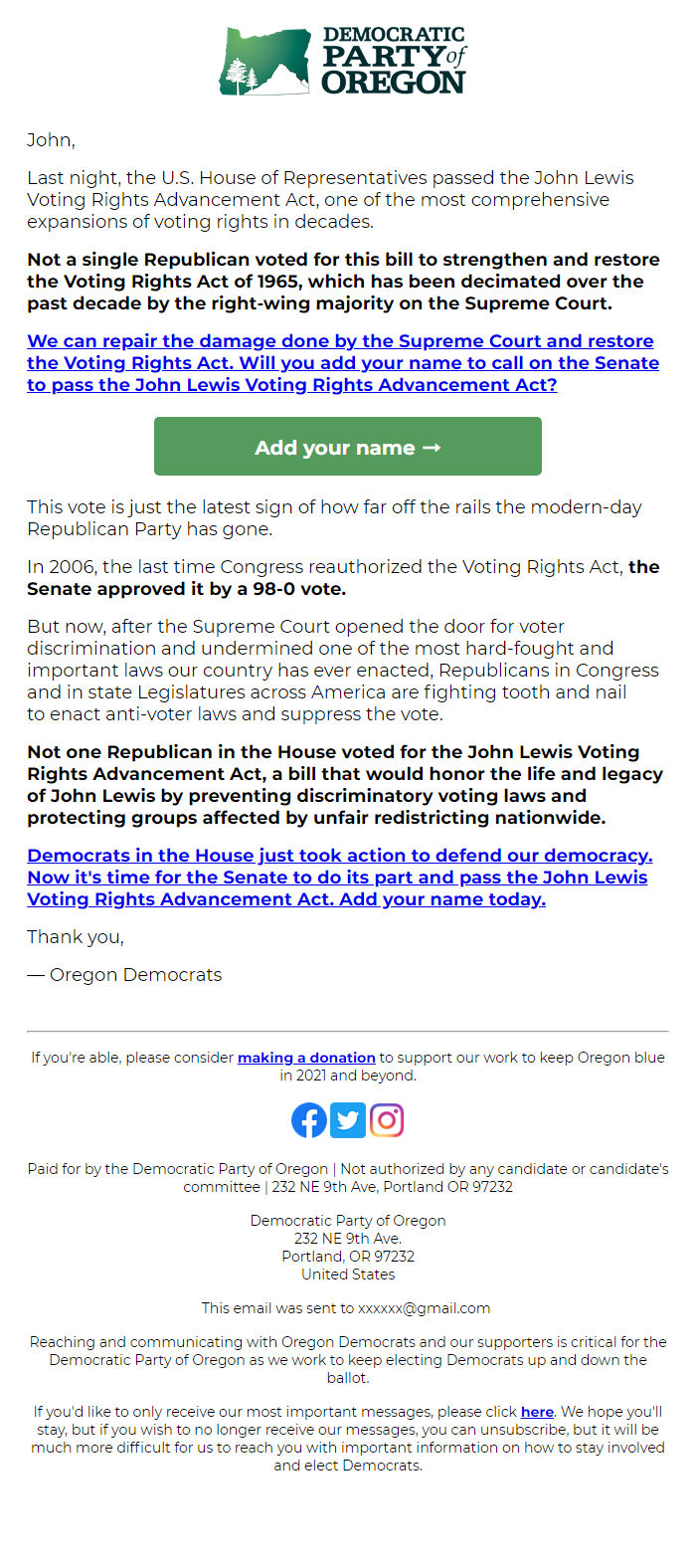 Screenshot of the email generated on import