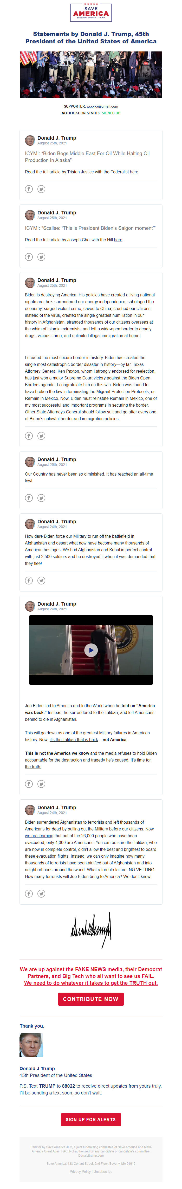 Screenshot of the email generated on import